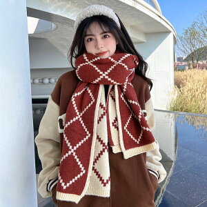 韓版格子圍巾女冬季氛圍感學生針織保暖加厚百搭情侶毛線雙面圍脖
