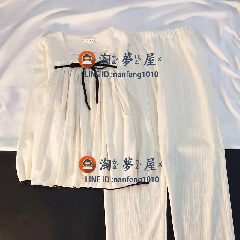 睡衣女蝴蝶結可愛清新風純棉長袖長褲可外穿家居服套裝【淘夢屋】