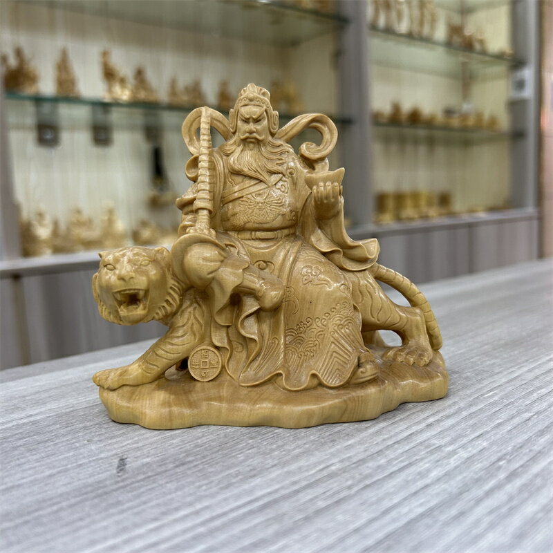 小葉黃楊木雕騎虎趙公明神像擺件實木雕刻家居客廳店鋪裝飾工藝品
