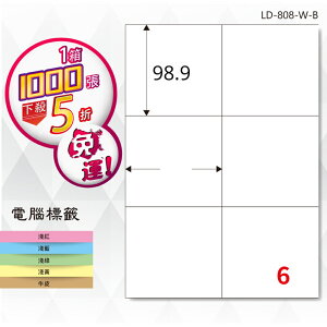 熱銷推薦【longder龍德】電腦標籤紙 6格 LD-808-W-B 白色 1000張 影印 雷射 貼紙