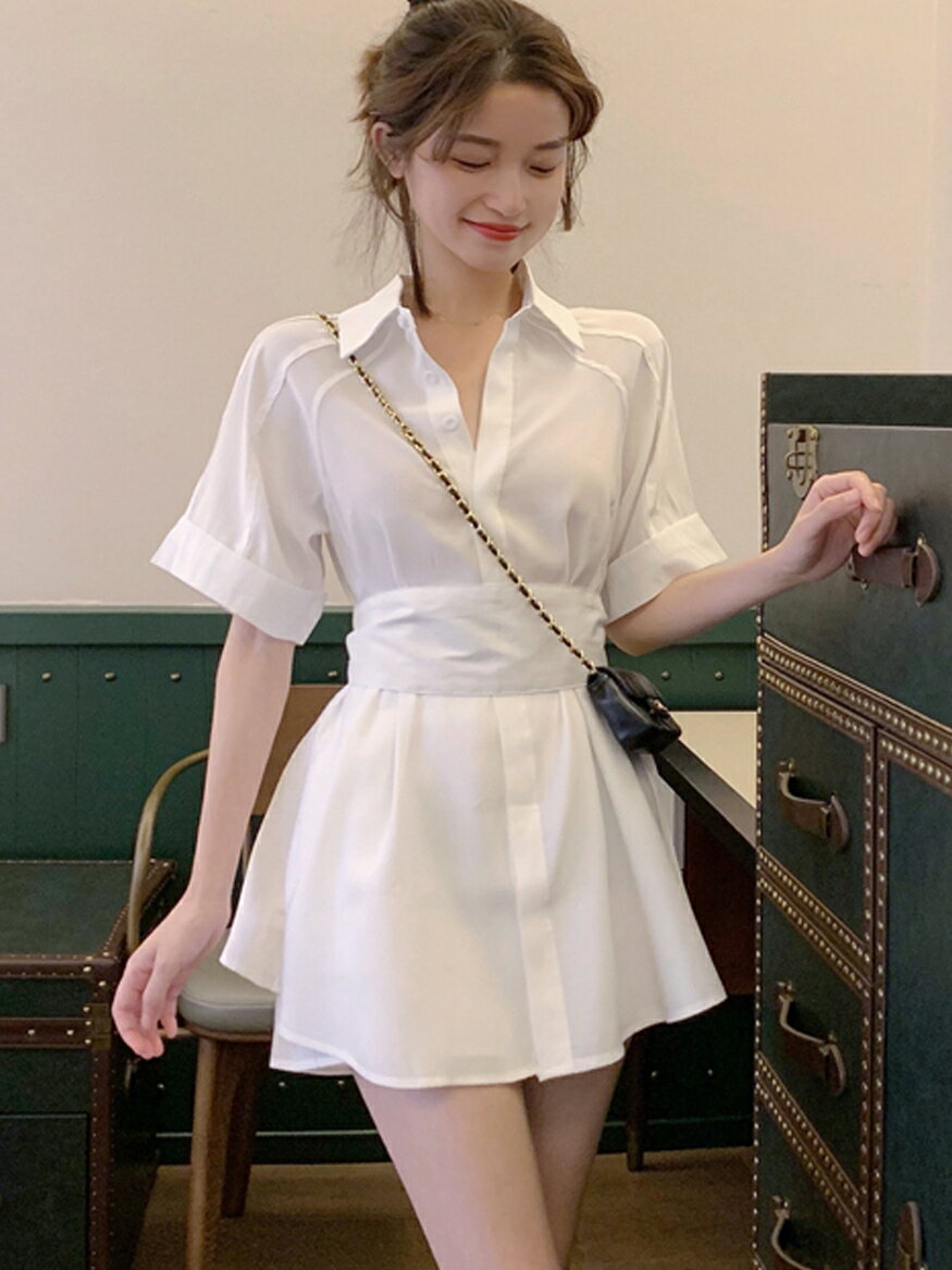 襯衫連衣裙女夏季白裙收腰襯衣短款小個子150cm搭配兩件套裝顯高