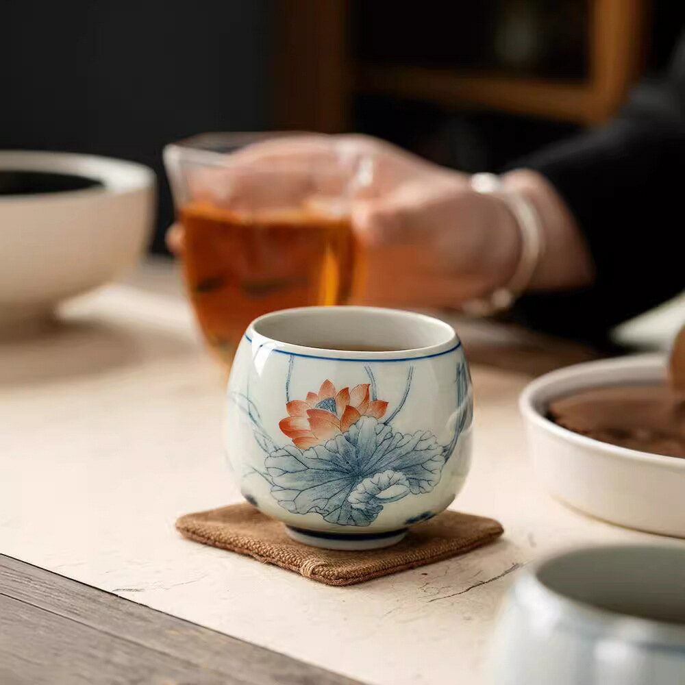景德鎮青花手繪魚戲蓮花主人杯個人專用杯中式建盞品茗杯大號茶杯