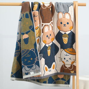 日系純棉五層紗布材質 貓咪小兔子柔軟吸水浴巾
