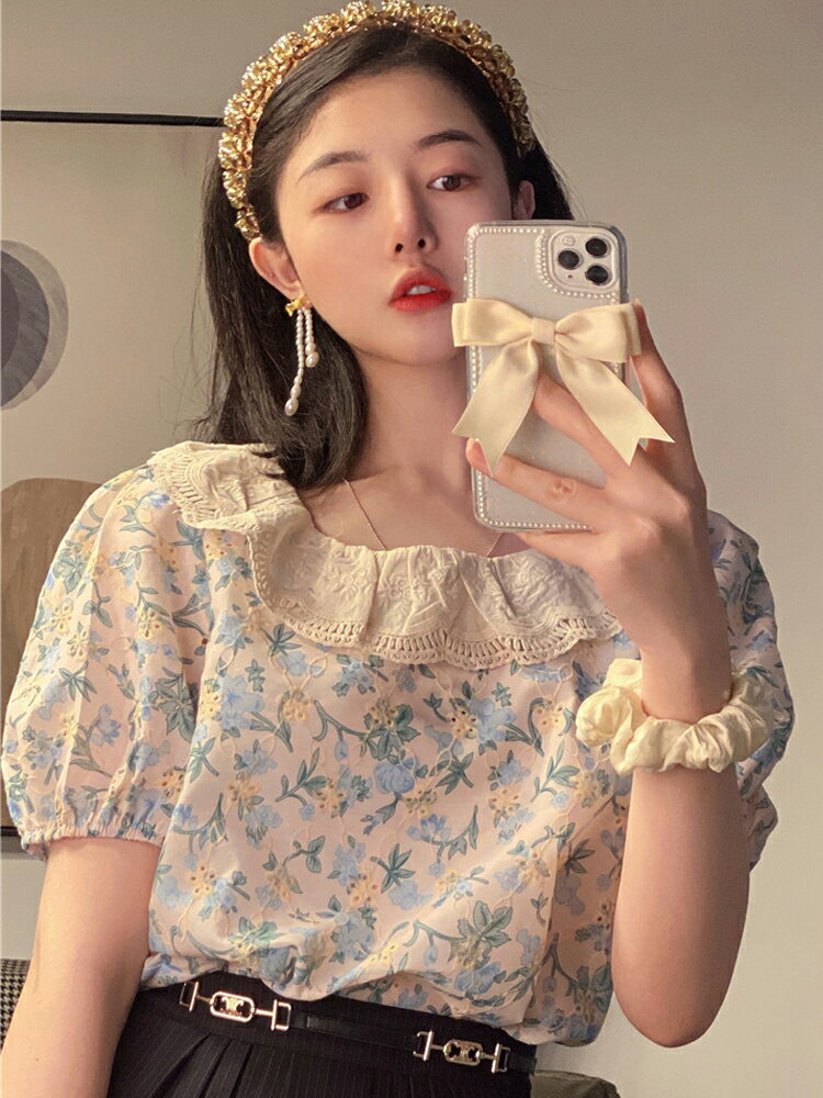 法式娃娃領碎花泡泡短袖襯衫女設計感小眾年夏季新款韓版上衣