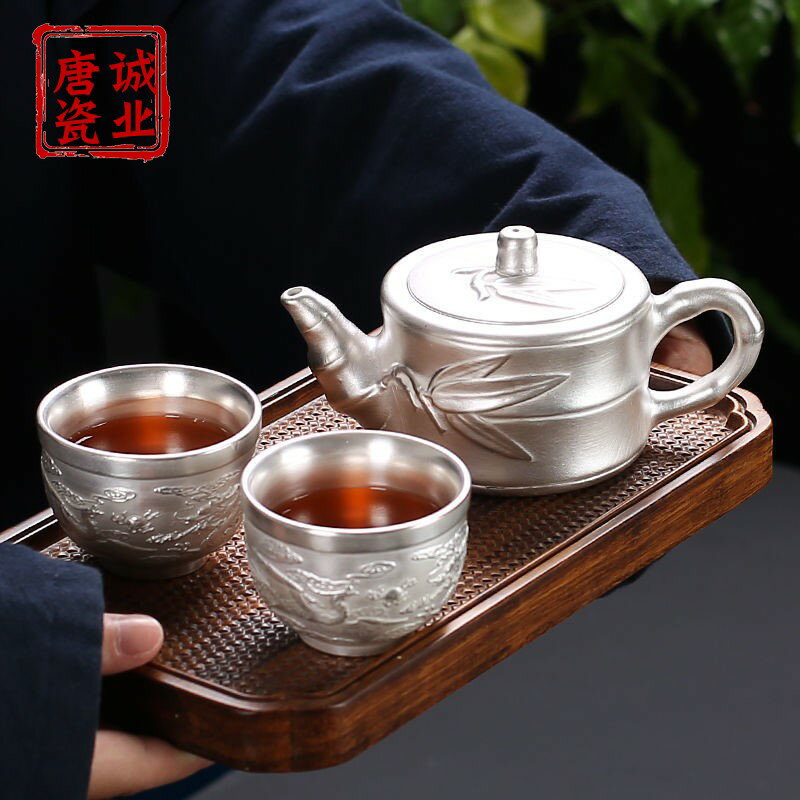 999純銀茶壺陶瓷鎏銀茶壺大號家用功夫茶具過濾孔單壺泡茶器過濾| 協貿