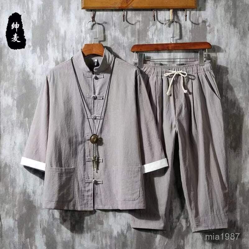 【5715人好評】中國風亞麻套裝男夏季七分袖男士棉麻漢服複古唐裝中山裝盤扣外套
