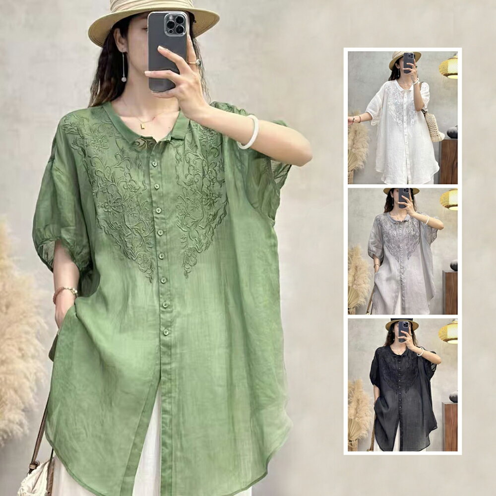 ＊ORead＊民族風刺繡棉麻短袖襯衫(4色L~3XL)