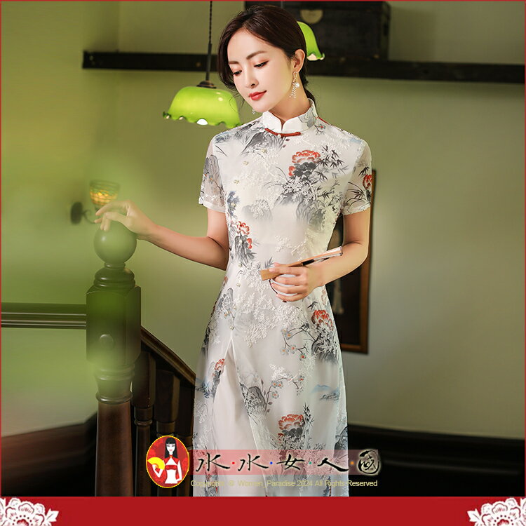 時尚A擺裙旗袍款俏麗奧黛長中國風復古原創雪紡刺繡小清新氣質改良式洋裝日常百搭顯瘦收腰-飄逐(水墨)-水水女人國