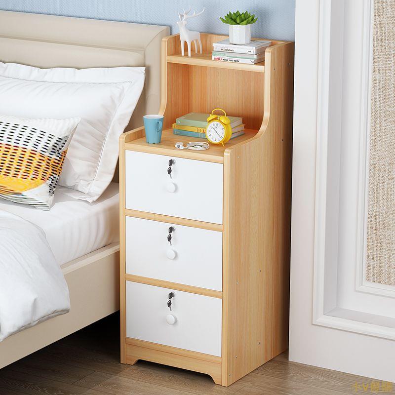 小V優購床頭柜 簡約現代臥室小型 帶鎖收納柜 簡易床邊柜 歐式仿實木 儲物柜子