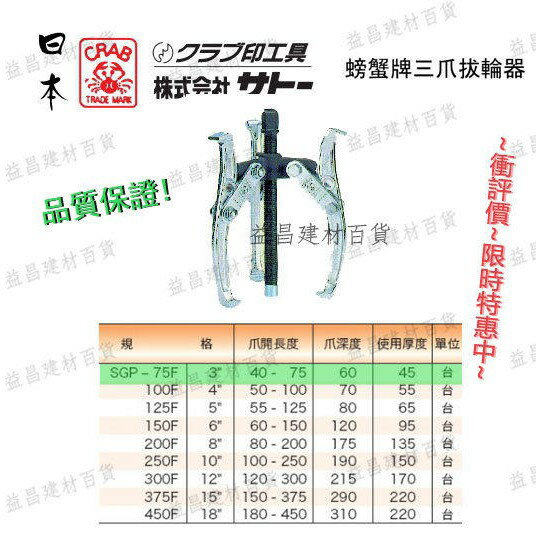 【台北益昌】日本 CRAB 螃蟹牌 三爪拔輪器 各規格尺寸皆可參考!