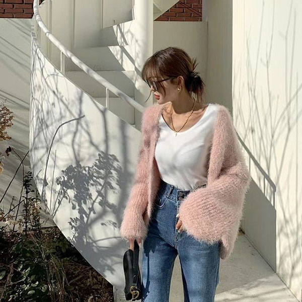 ANNAS 正韓 開衫 女神 外套 毛毛 毛海 爆毛 性感 柔軟 大衣 外搭 罩衫 粉藍米咖 百搭 顯瘦 韓國 2