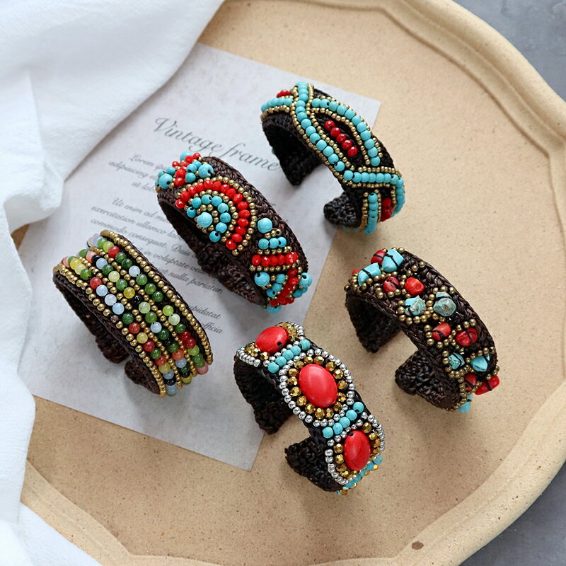 原創手工波西米亞民族風手鐲編織天然石復古個性藏式手環配飾品女