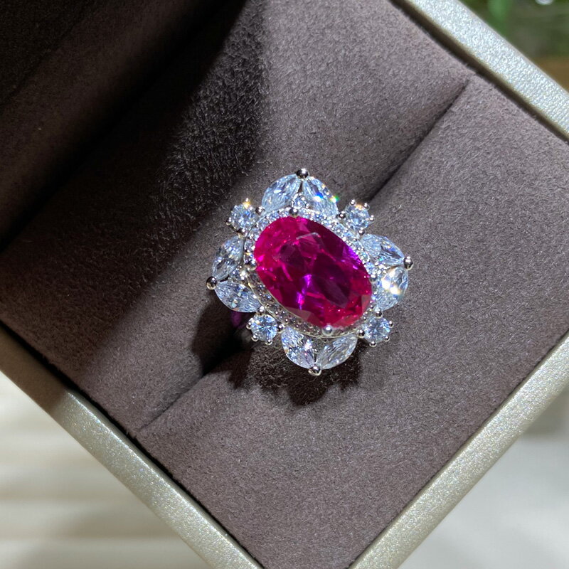 高級珠寶玫瑰紅寶石戒指女925銀鍍18K白金彩色寶石碧璽花朵5克拉