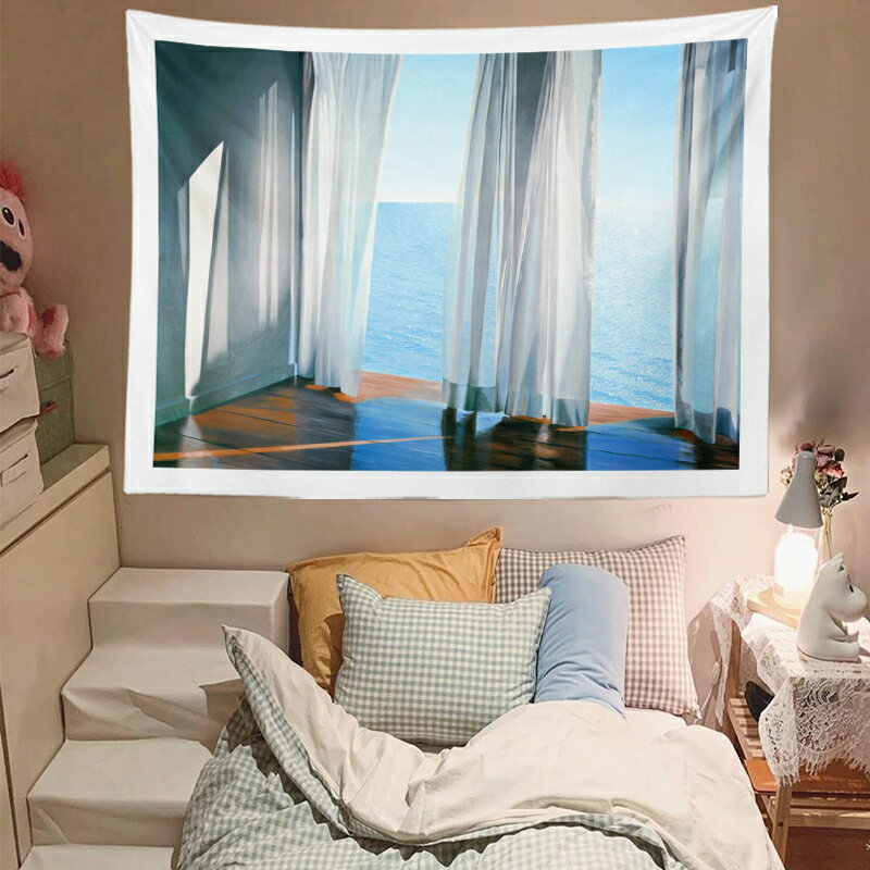 ins夏日清涼小清新海景窗戶裝飾布出租房臥室床頭背景墻布壁掛布