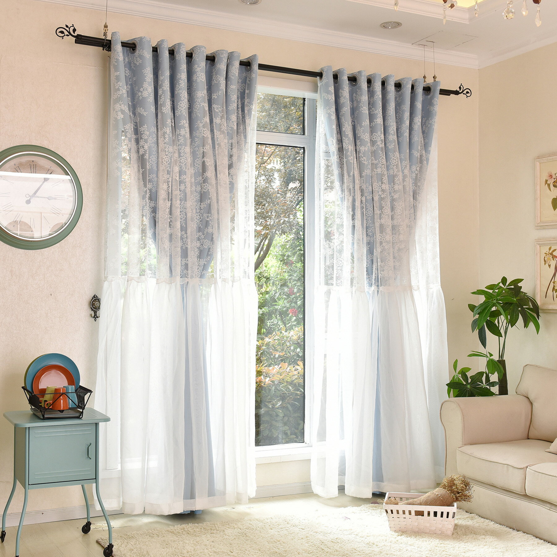 臥室兒童房飄窗簡約現代公主風定制雙層蕾絲成品遮光窗簾布紗簾