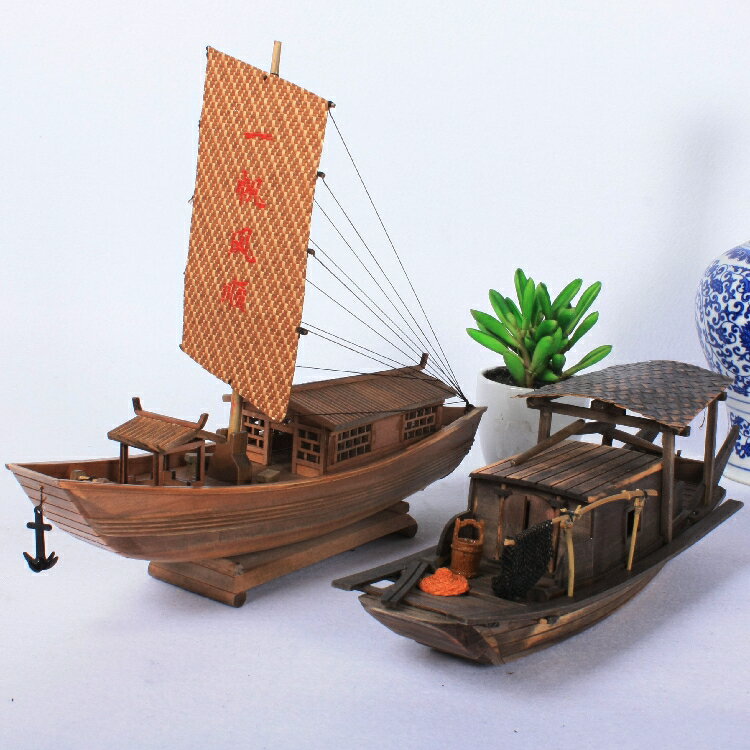 南國漁船模型水鄉特色手工木船實木做舊木製擺件工藝品太湖帆船1入