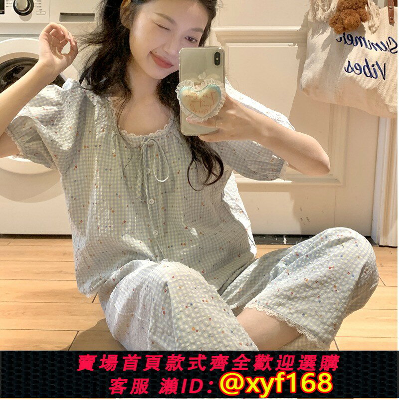 {保固一年 可打統編}日本代購純棉麻短袖睡衣女夏季蕾絲邊甜美碎花格子家居服套裝夏天