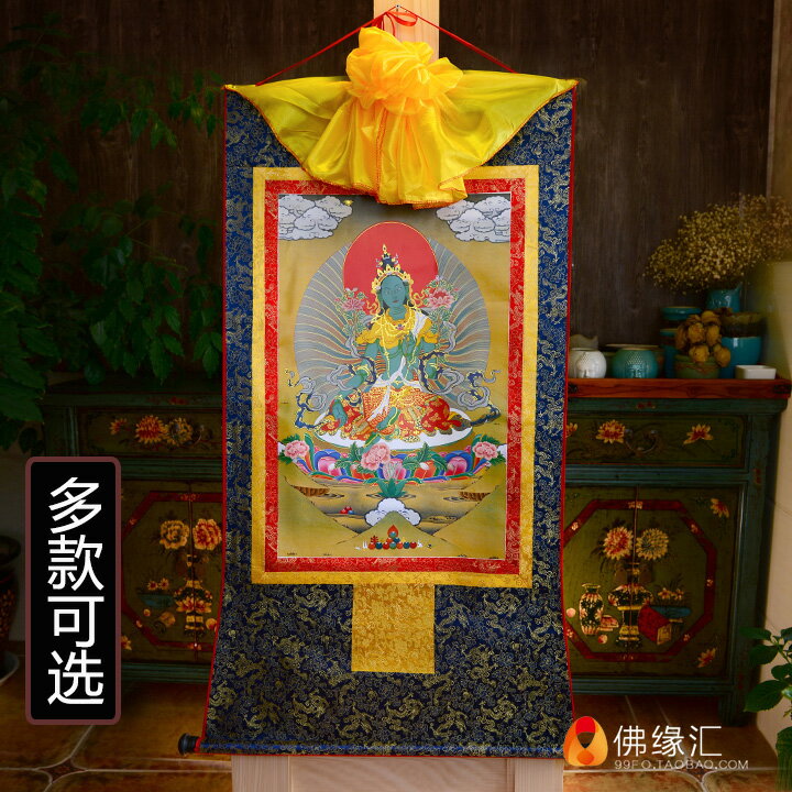 唐卡佛像掛畫 藏式多款選鍍金印刷120*66cm西藏唐卡畫 綠度母佛像1入