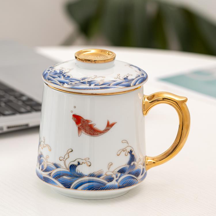 陶瓷水杯帶蓋過濾馬克杯大容量家用喝水杯泡茶杯茶水分離禮品茶杯【摩可美家】