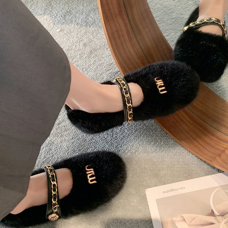 兔毛絨毛毛鞋女款秋冬新款軟底瑪麗珍鏈條加絨保暖豆豆鞋棉鞋