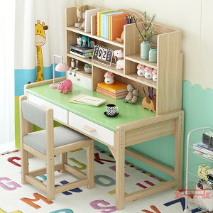 一體書桌簡約家用學生組合書柜兒童學習桌租房書房中式實木寫字桌