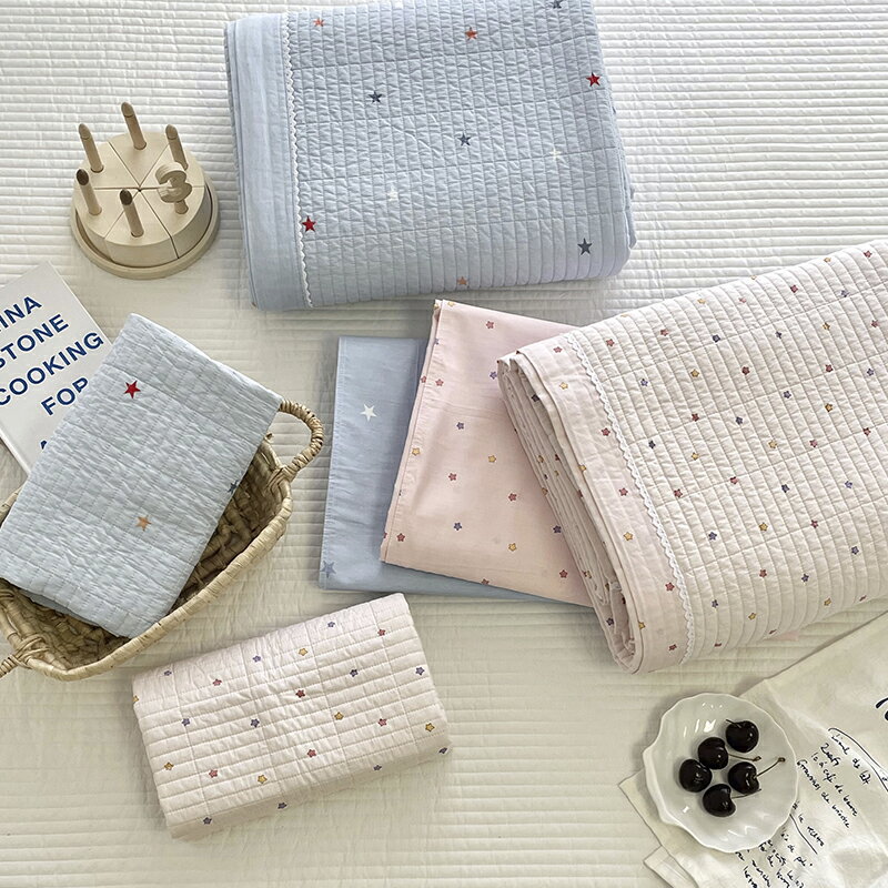 韓國ins小星星雙面全棉絎縫床蓋三件套加厚防滑夾棉床單四季通用