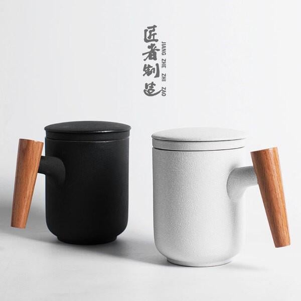 【創意茶水杯】 茶水分離陶瓷茶水杯茶隔杯匠者製造木柄馬克杯陶瓷帶蓋泡茶杯過濾辦公室咖啡杯喝茶水杯家用