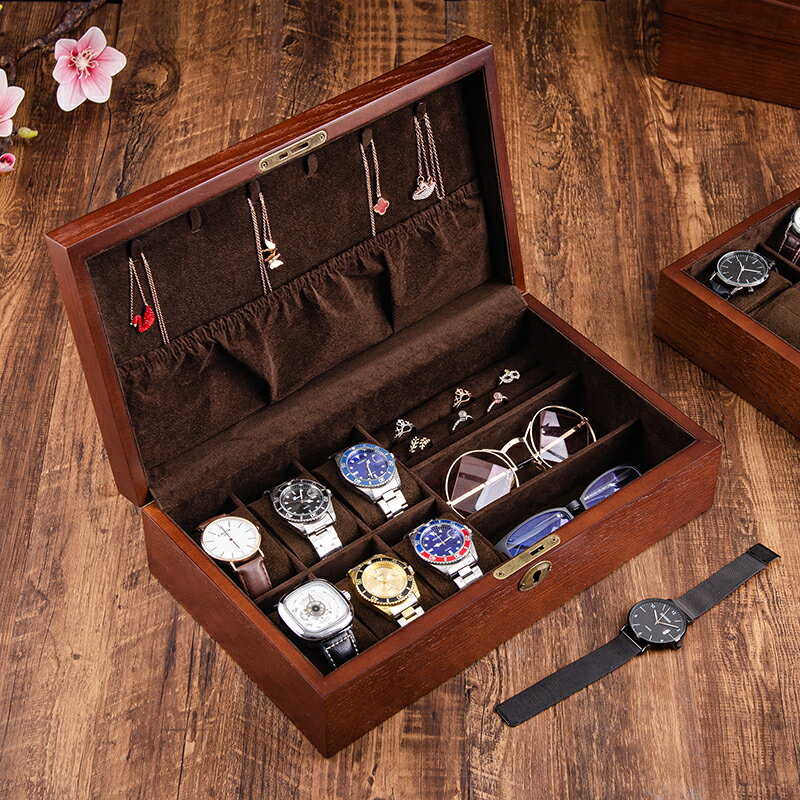 高檔木質首飾手表眼鏡首飾一體收納盒表盒展示盒珠寶盒帶鎖開窗 文藝男女