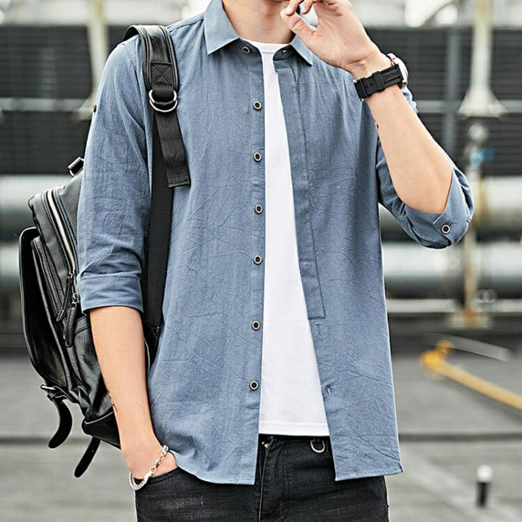 襯衫男士韓版修身個性七分袖半截袖青年拼色襯衣7分中袖五分潮流