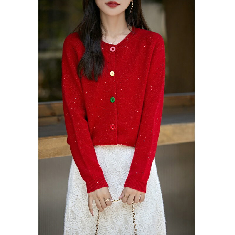 【巴黎精品】現貨+預購 100%羊毛外套針織毛衣-保暖時尚圓領亮絲彩虹扣女外套3色a1id26