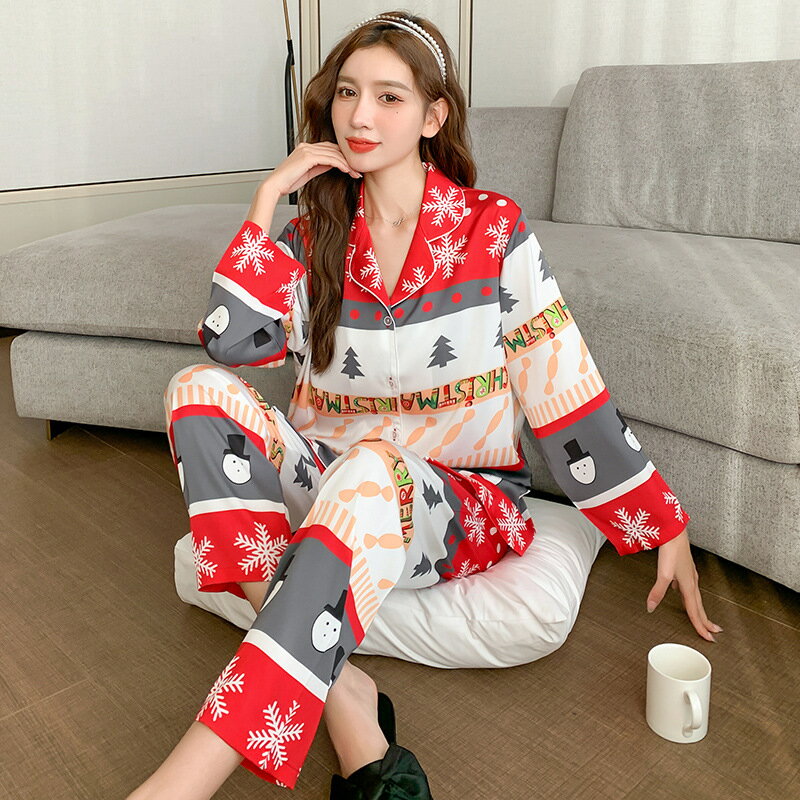 睡衣套裝長袖休閒服-冰絲聖誕節印花長褲女居家服74fu48【獨家進口】【米蘭精品】
