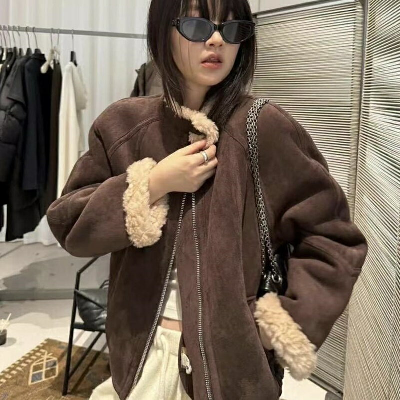 【巴黎精品】羊羔毛外套皮草大衣-冬季歐貨小立領加厚女外套2色a1iu46