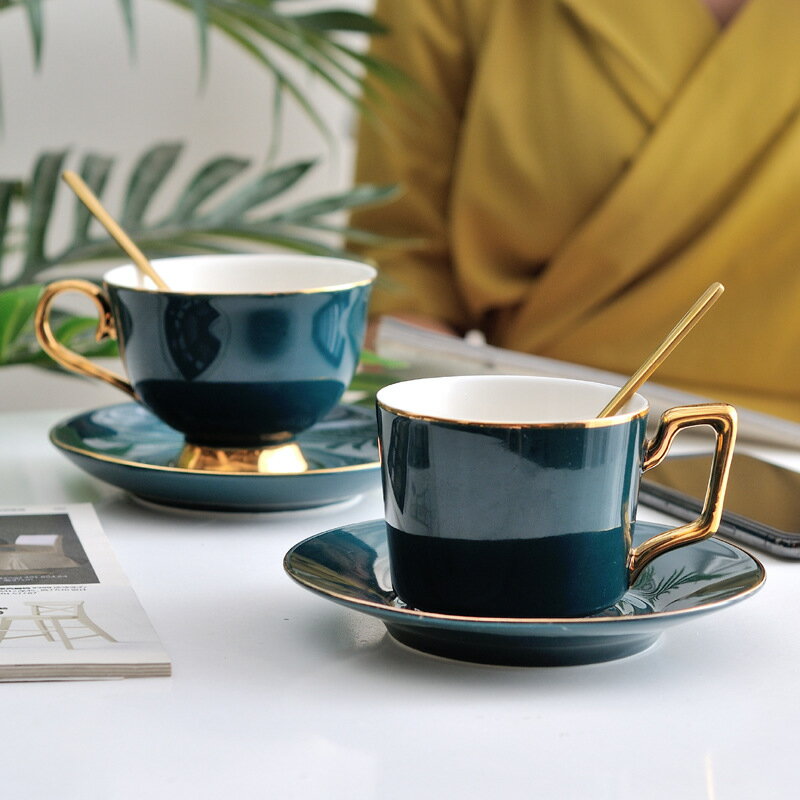 咖啡杯歐式小奢華金邊杯子網紅ins風墨綠咖啡杯碟套裝家用陶瓷杯