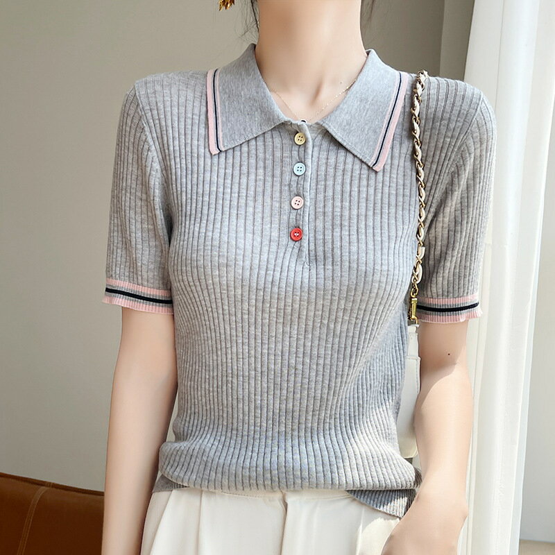 現貨+預購 羊毛針織衫短袖毛衣-精紡絲質保暖POLO衫女上衣3色74lc46【獨家進口】【米蘭精品】