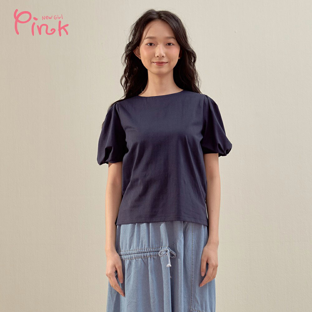 Pink*優雅小澎袖涼感短袖上衣 (2色)  Y1305AQ