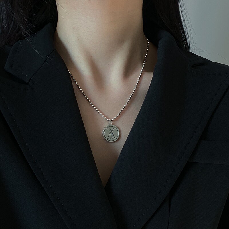 925純銀復古圓牌字母項鏈女新款ins冷淡風個性鎖骨鏈硬幣頸鏈 2