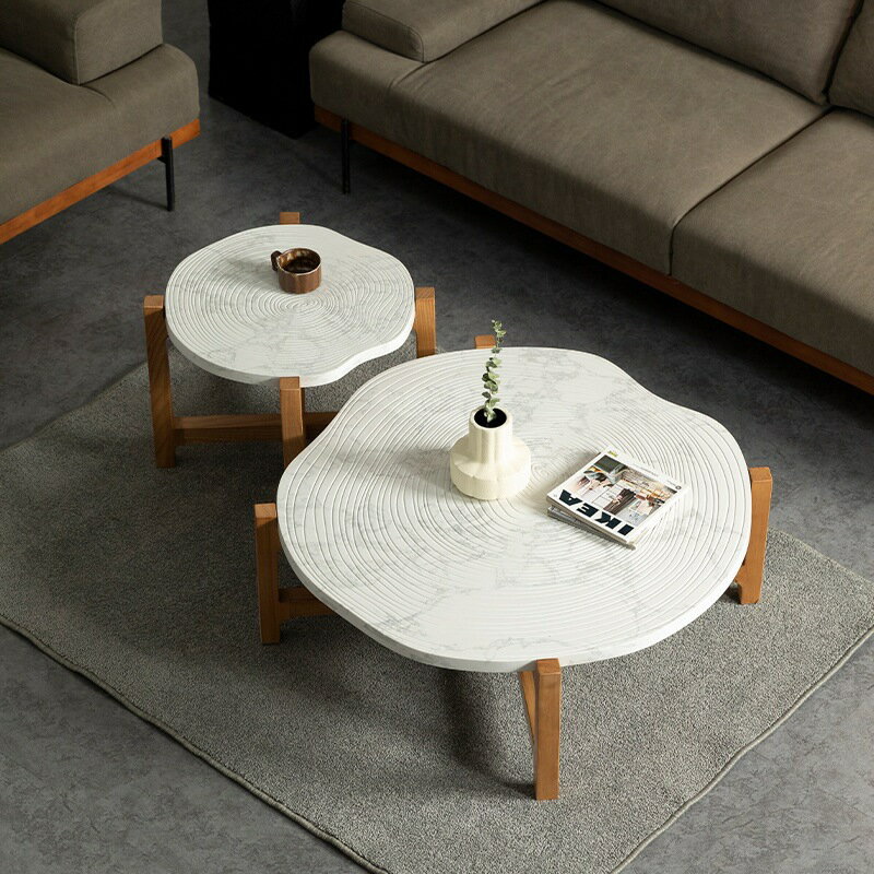 北歐實木大理石圓形組合小戶型現代簡約年輪小桌客廳家用