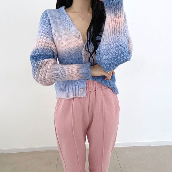 ANNAS 正韓 珍珠釦 渲染 外套 漸層 彩虹 扎染 暈染 麻花 毛衣 針織外套 粗針織 夢幻 女神 韓國 5