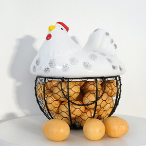 Lmdec創意簡約陶瓷母雞鐵籃擺件 家居客廳裝飾品 鐵藝收納籃子