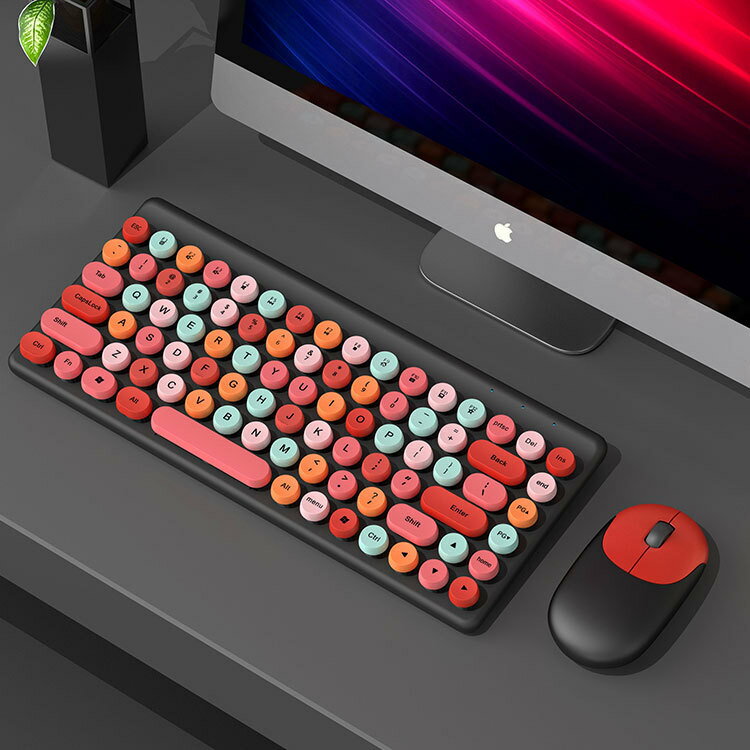 彩色鍵盤口紅朋克2.4G無線藍牙鍵盤鼠標計算機套裝女生可愛辦公 全館免運