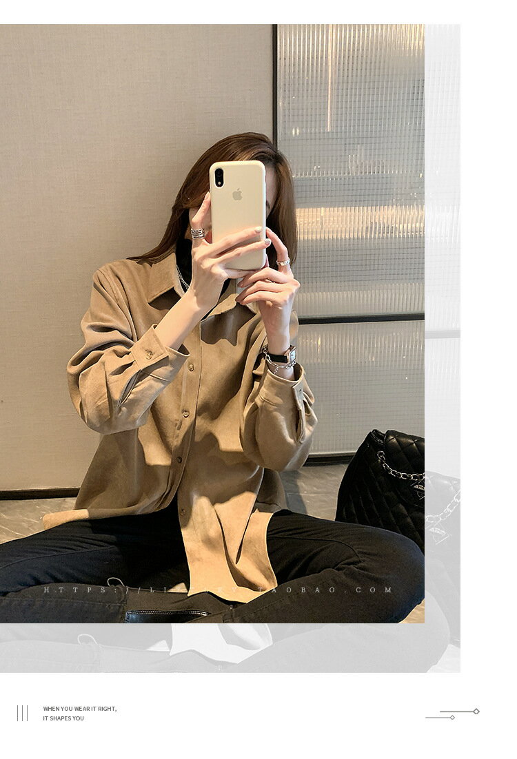 女裝 外套 韓系風 氣質上衣 韓版  襯衫女秋冬疊穿設計感上衣燈芯絨復古港味長袖磨毛白襯衣外套 5