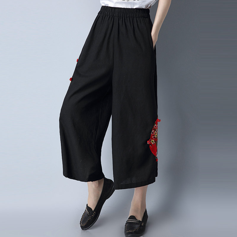 FINDSENSE G5 韓國時尚 夏季 女裝 闊腿褲 貼佈 亞麻 九分褲 休閒褲