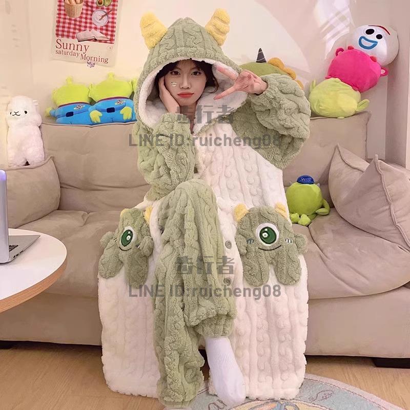 珊瑚絨睡衣女加絨加厚連帽睡袍可愛秋冬季家居服套裝【步行者戶外生活館】
