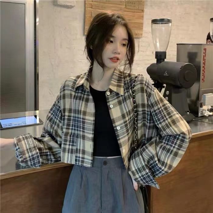 短款長袖外套韓版格子襯衫女寬松防紫外線薄款襯衣百搭短款外套潮春夏新款