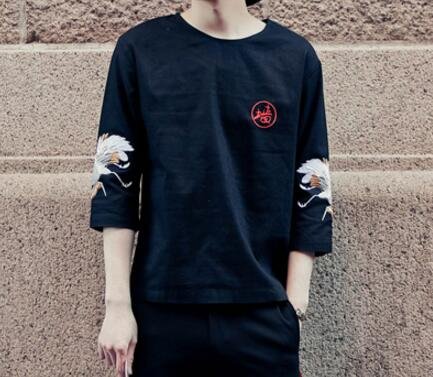 FINDSENSE品牌 男 時尚 街頭 潮 中國風刺繡 寬鬆 五分袖 短袖T恤 特色T恤