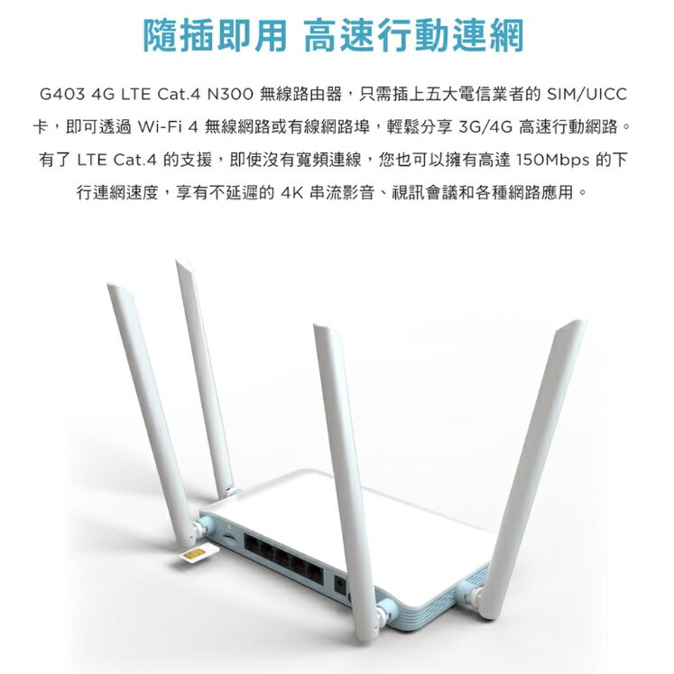 D-Link 友訊 G403 EAGLE PRO AI 4G LTE SIM卡 Cat.4 N300 無線路由器 4