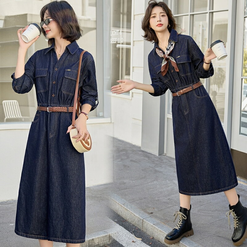 【巴黎精品】現貨+預購 韓風牛仔洋裝牛仔長裙丹寧套裝大碼休閒女裝-長袖翻領絲巾牛仔連身裙a1ln47