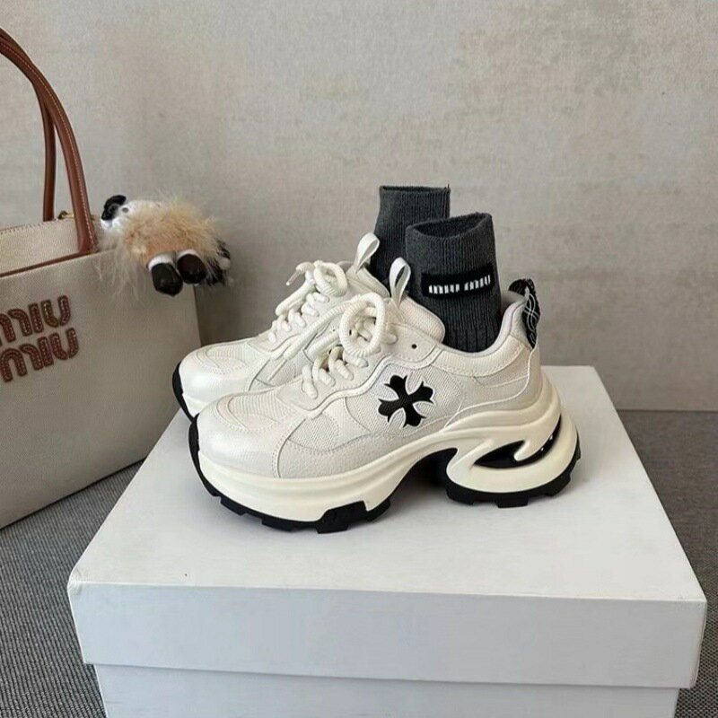 厚底老爹鞋女款2025新款春季透氣網面真皮休閑運動小個子增高女鞋