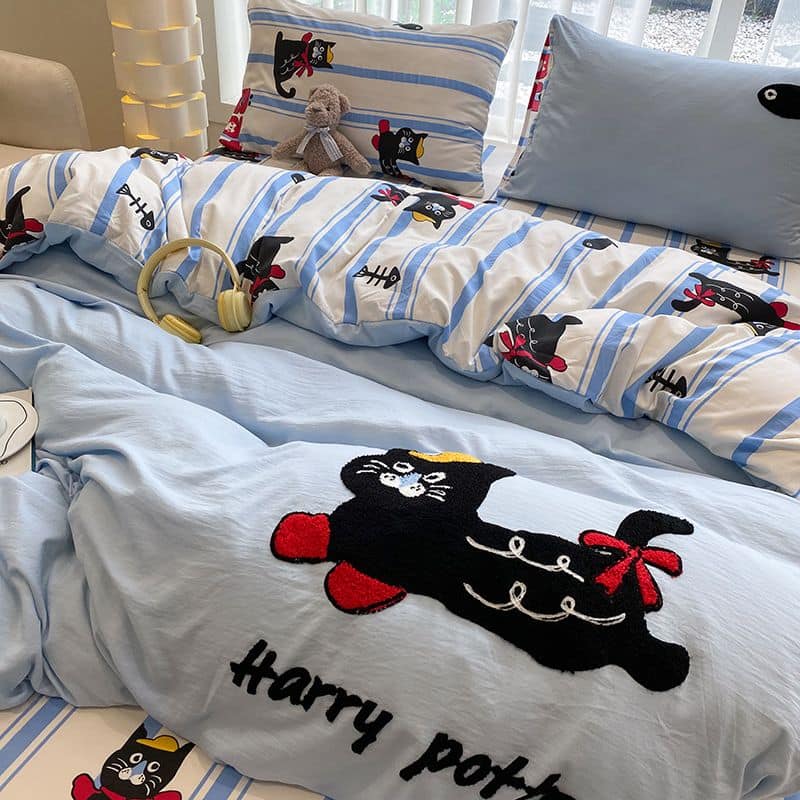 新款立體刺繡系列 藍底黑貓咪全棉刺繡床包四件套