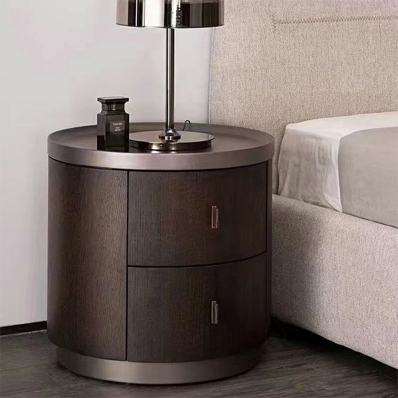意式極簡實木圓形床頭柜煙熏色輕奢簡約設計師款床邊收納柜